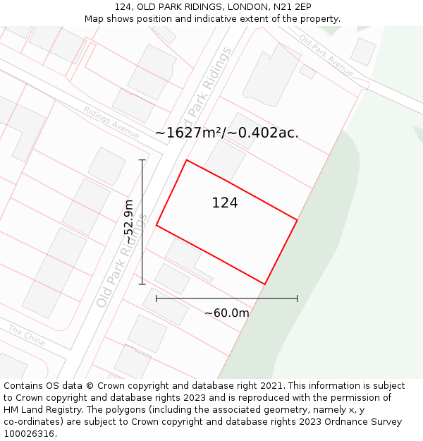 124, OLD PARK RIDINGS, LONDON, N21 2EP: Plot and title map