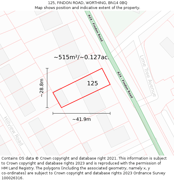 125, FINDON ROAD, WORTHING, BN14 0BQ: Plot and title map