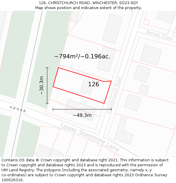 126, CHRISTCHURCH ROAD, WINCHESTER, SO23 9QY: Plot and title map