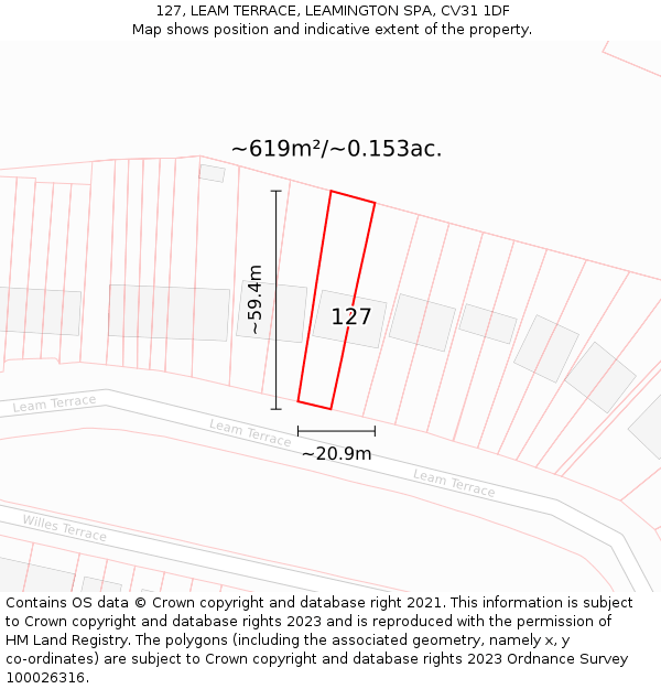 127, LEAM TERRACE, LEAMINGTON SPA, CV31 1DF: Plot and title map