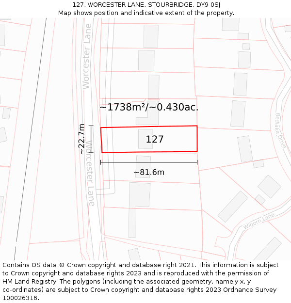 127, WORCESTER LANE, STOURBRIDGE, DY9 0SJ: Plot and title map