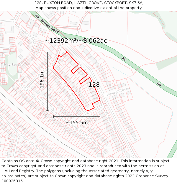 128, BUXTON ROAD, HAZEL GROVE, STOCKPORT, SK7 6AJ: Plot and title map