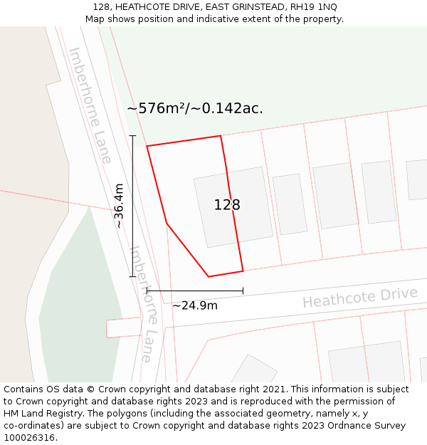 128, HEATHCOTE DRIVE, EAST GRINSTEAD, RH19 1NQ: Plot and title map