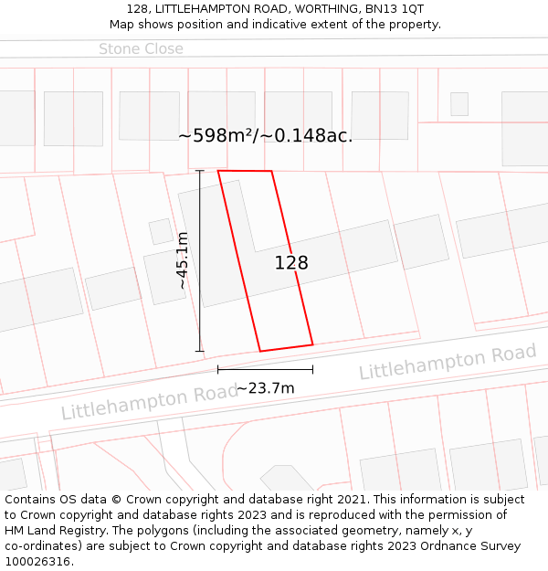 128, LITTLEHAMPTON ROAD, WORTHING, BN13 1QT: Plot and title map