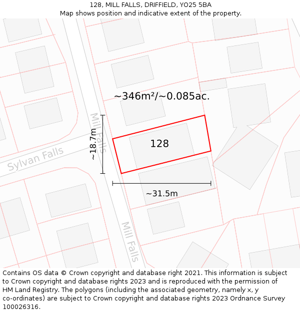 128, MILL FALLS, DRIFFIELD, YO25 5BA: Plot and title map