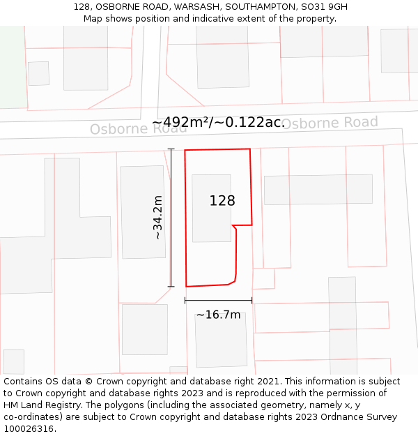 128, OSBORNE ROAD, WARSASH, SOUTHAMPTON, SO31 9GH: Plot and title map