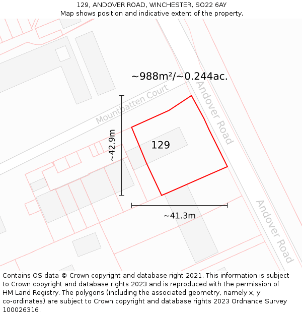 129, ANDOVER ROAD, WINCHESTER, SO22 6AY: Plot and title map