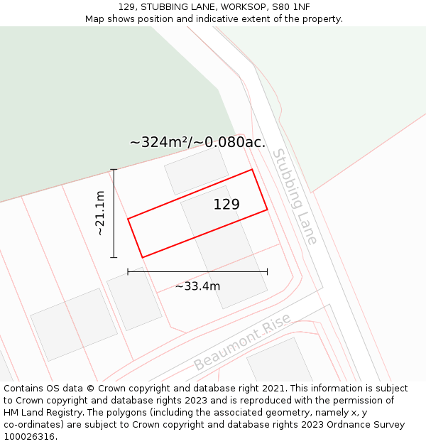 129, STUBBING LANE, WORKSOP, S80 1NF: Plot and title map