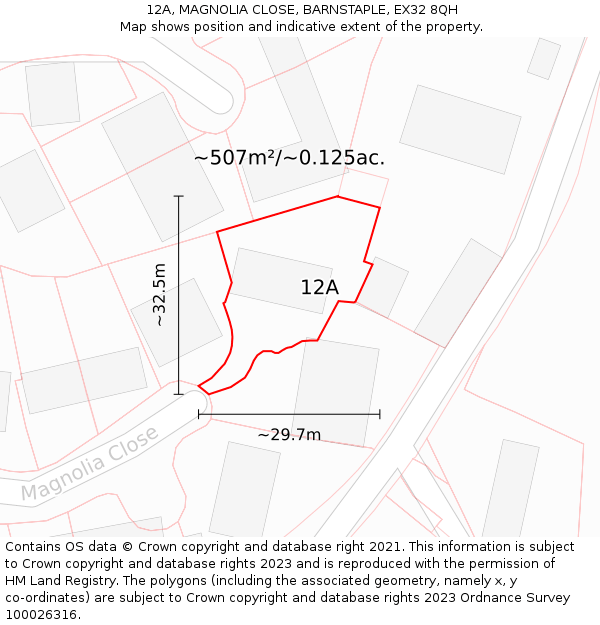 12A, MAGNOLIA CLOSE, BARNSTAPLE, EX32 8QH: Plot and title map