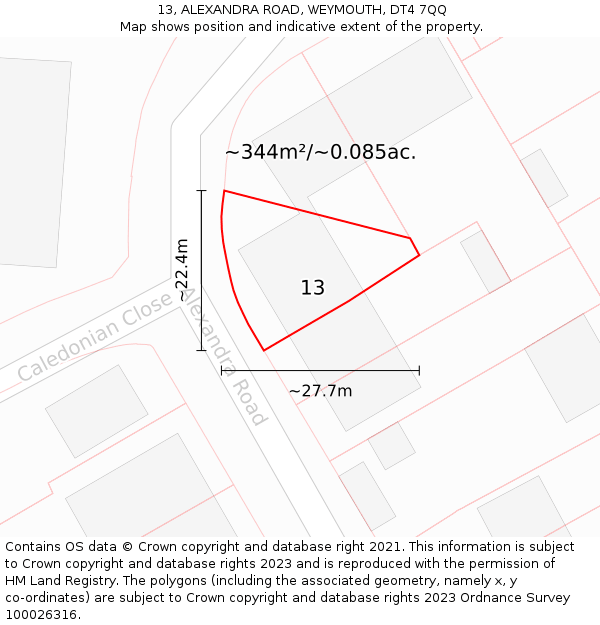 13, ALEXANDRA ROAD, WEYMOUTH, DT4 7QQ: Plot and title map