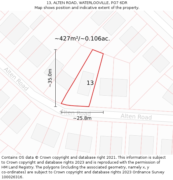 13, ALTEN ROAD, WATERLOOVILLE, PO7 6DR: Plot and title map