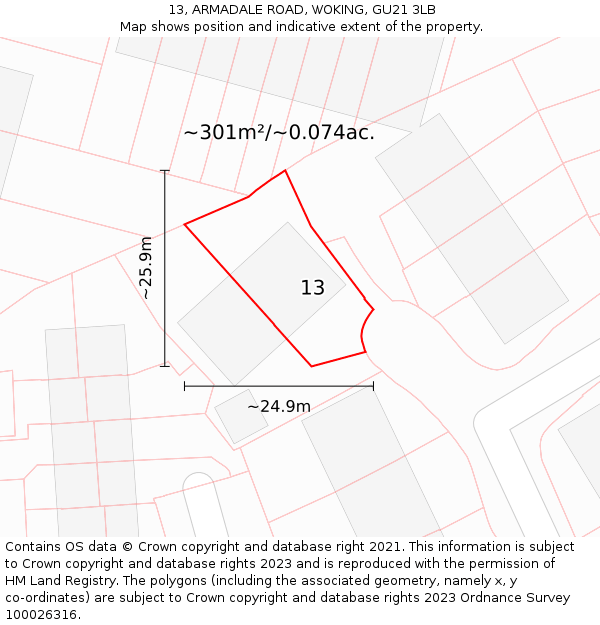 13, ARMADALE ROAD, WOKING, GU21 3LB: Plot and title map