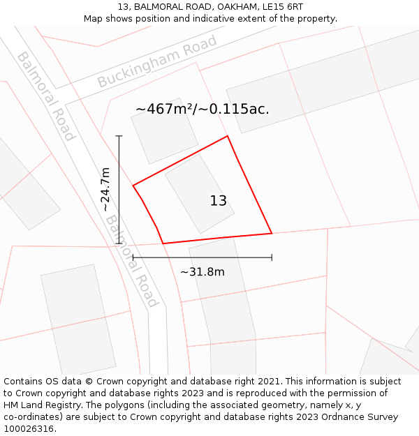 13, BALMORAL ROAD, OAKHAM, LE15 6RT: Plot and title map