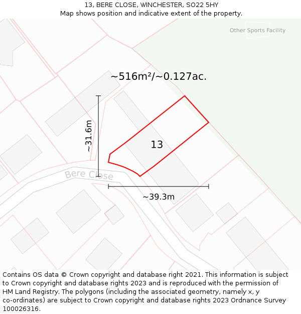 13, BERE CLOSE, WINCHESTER, SO22 5HY: Plot and title map