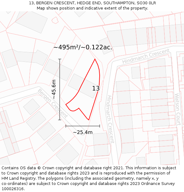 13, BERGEN CRESCENT, HEDGE END, SOUTHAMPTON, SO30 0LR: Plot and title map