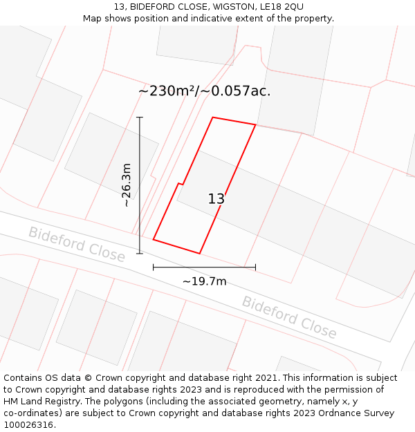 13, BIDEFORD CLOSE, WIGSTON, LE18 2QU: Plot and title map