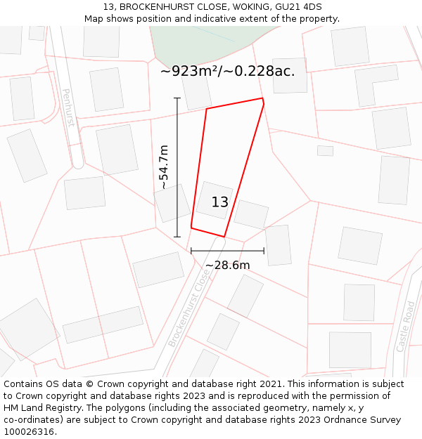 13, BROCKENHURST CLOSE, WOKING, GU21 4DS: Plot and title map