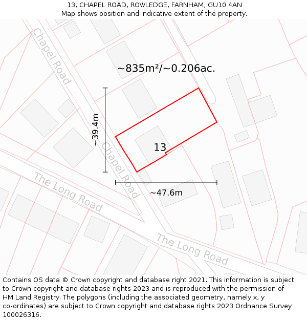 13, CHAPEL ROAD, ROWLEDGE, FARNHAM, GU10 4AN: Plot and title map