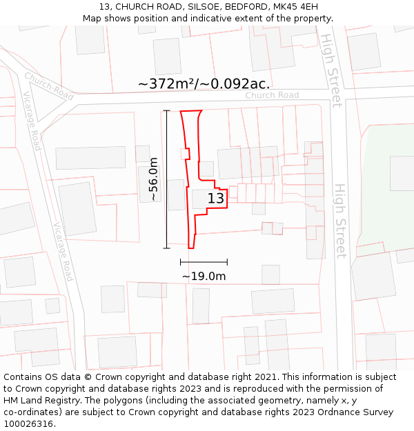 13, CHURCH ROAD, SILSOE, BEDFORD, MK45 4EH: Plot and title map