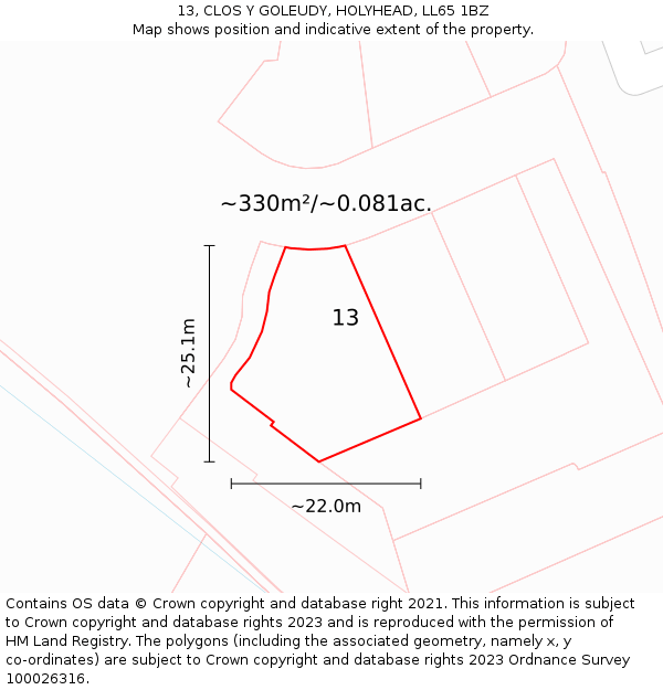 13, CLOS Y GOLEUDY, HOLYHEAD, LL65 1BZ: Plot and title map