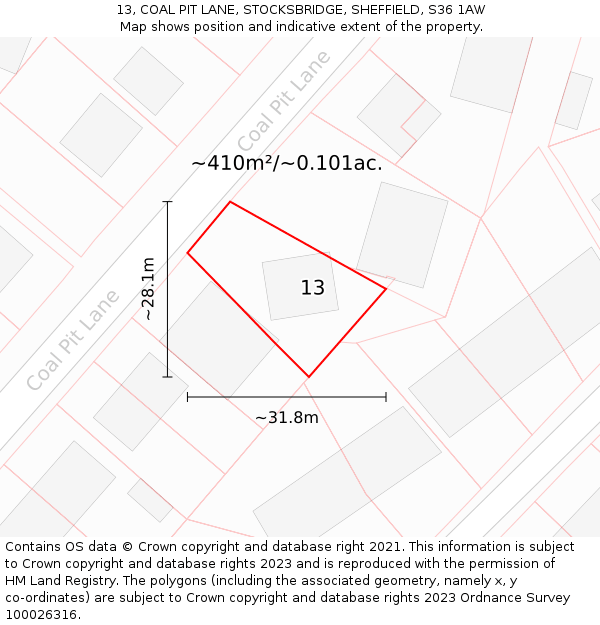 13, COAL PIT LANE, STOCKSBRIDGE, SHEFFIELD, S36 1AW: Plot and title map