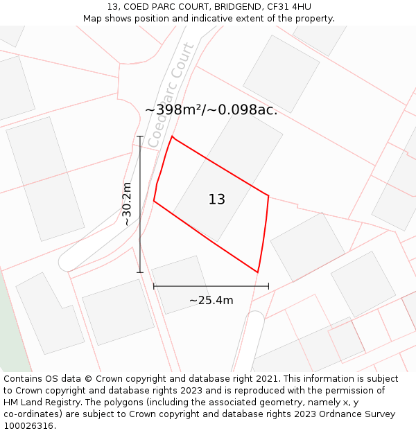 13, COED PARC COURT, BRIDGEND, CF31 4HU: Plot and title map