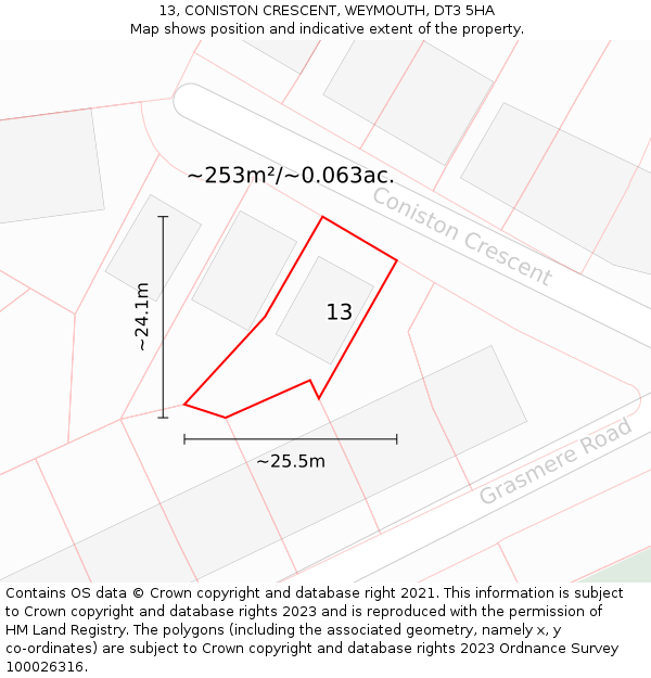 13, CONISTON CRESCENT, WEYMOUTH, DT3 5HA: Plot and title map