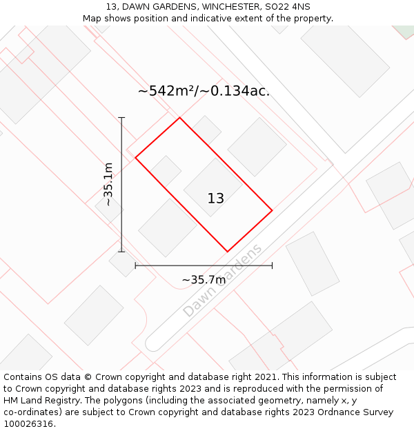 13, DAWN GARDENS, WINCHESTER, SO22 4NS: Plot and title map