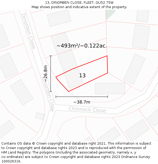 13, DINORBEN CLOSE, FLEET, GU52 7SW: Plot and title map