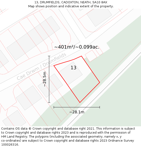 13, DRUMFIELDS, CADOXTON, NEATH, SA10 8AX: Plot and title map