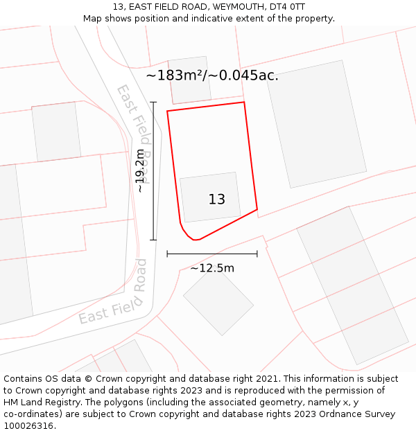 13, EAST FIELD ROAD, WEYMOUTH, DT4 0TT: Plot and title map