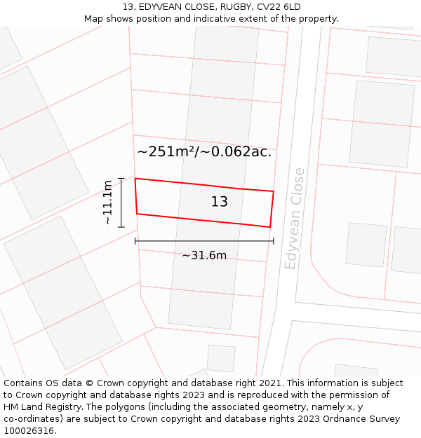 13, EDYVEAN CLOSE, RUGBY, CV22 6LD: Plot and title map