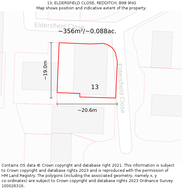 13, ELDERSFIELD CLOSE, REDDITCH, B98 9NG: Plot and title map