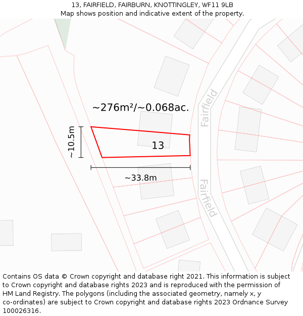 13, FAIRFIELD, FAIRBURN, KNOTTINGLEY, WF11 9LB: Plot and title map