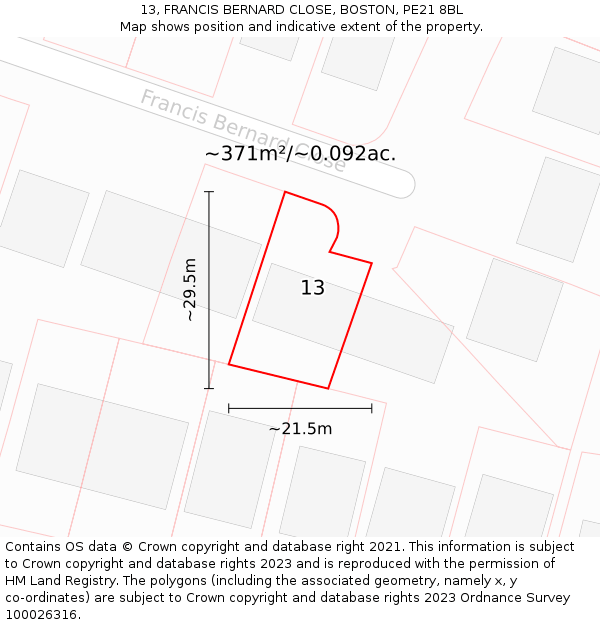 13, FRANCIS BERNARD CLOSE, BOSTON, PE21 8BL: Plot and title map