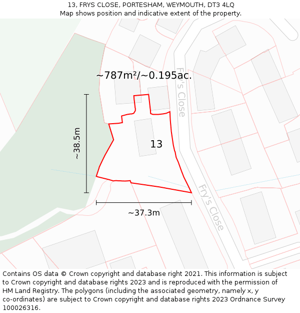 13, FRYS CLOSE, PORTESHAM, WEYMOUTH, DT3 4LQ: Plot and title map