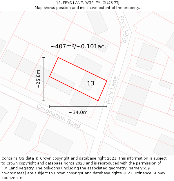 13, FRYS LANE, YATELEY, GU46 7TJ: Plot and title map