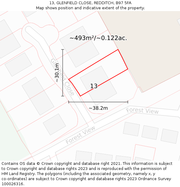 13, GLENFIELD CLOSE, REDDITCH, B97 5FA: Plot and title map