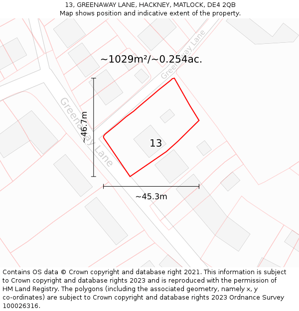 13, GREENAWAY LANE, HACKNEY, MATLOCK, DE4 2QB: Plot and title map