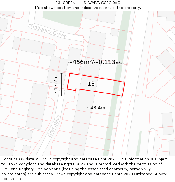 13, GREENHILLS, WARE, SG12 0XG: Plot and title map