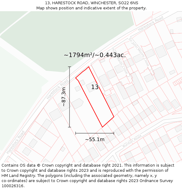 13, HARESTOCK ROAD, WINCHESTER, SO22 6NS: Plot and title map