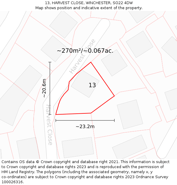 13, HARVEST CLOSE, WINCHESTER, SO22 4DW: Plot and title map