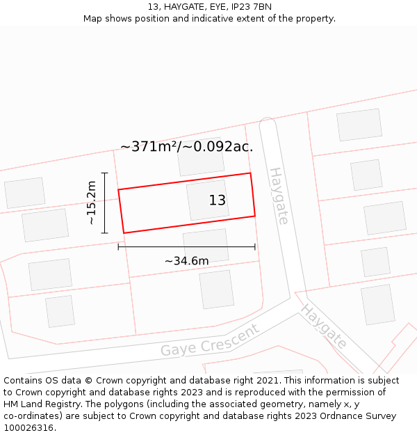 13, HAYGATE, EYE, IP23 7BN: Plot and title map