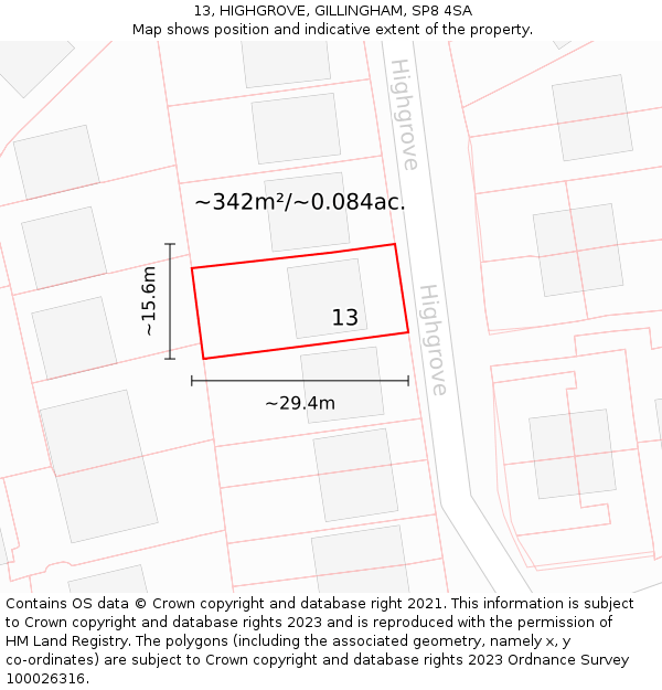 13, HIGHGROVE, GILLINGHAM, SP8 4SA: Plot and title map