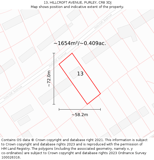 13, HILLCROFT AVENUE, PURLEY, CR8 3DJ: Plot and title map