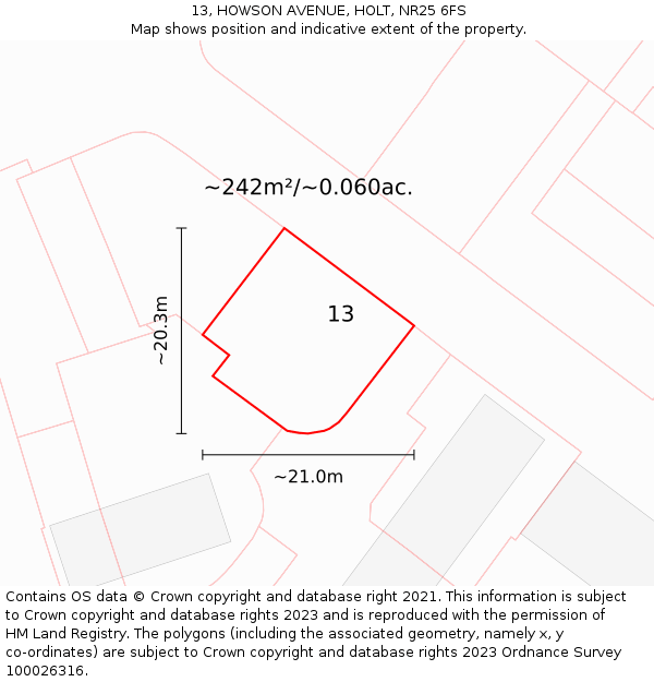13, HOWSON AVENUE, HOLT, NR25 6FS: Plot and title map