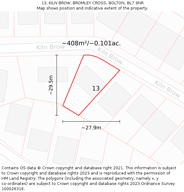 13, KILN BROW, BROMLEY CROSS, BOLTON, BL7 9NR: Plot and title map