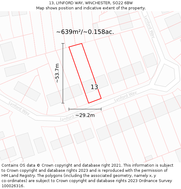 13, LYNFORD WAY, WINCHESTER, SO22 6BW: Plot and title map