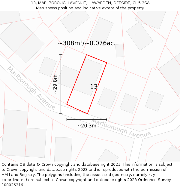 13, MARLBOROUGH AVENUE, HAWARDEN, DEESIDE, CH5 3SA: Plot and title map