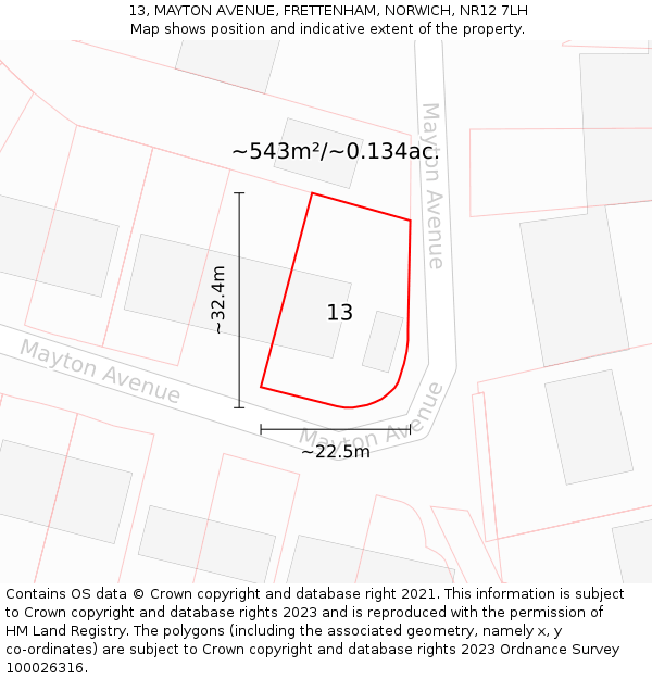 13, MAYTON AVENUE, FRETTENHAM, NORWICH, NR12 7LH: Plot and title map